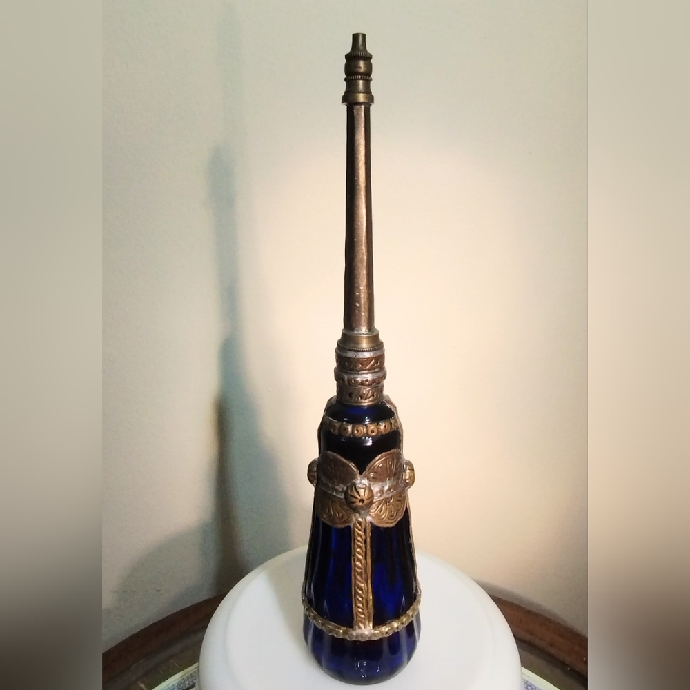 Moroccan Cobalt Blue Glass Perfume Bottle Sprinkle Embossed Metal Overlay